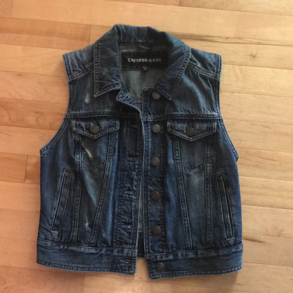Express Deconstructed Crop Denim Vest.